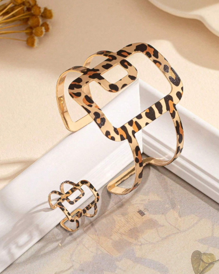 Shein 2pcs/Set Fashionable Exaggerated Leopard Print Bangle & Ring Set, Minimalist Style Jewelry Set +