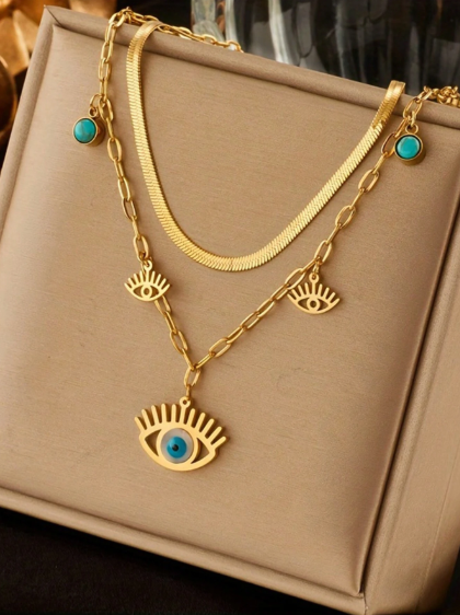 Shein 1pc Stainless Steel Bohemian Eye Pendant Double Layer Necklace >