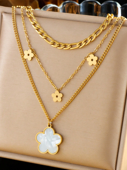 Shein 1pc Multilayered Retro Style Shiny Shell Flower Pendant Stainless Steel Chain Necklace>