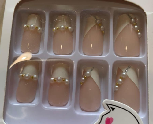 Shein French Square Nail Tips With Stylish Pearl Decoration -.