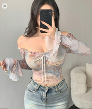 Shein Women Ditsy Floral Sheer Mesh Off Shoulder Blouse>