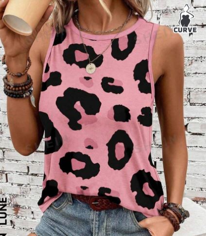 Shein Plus Size Pink Leopard Print Logo Tank Top, XL +