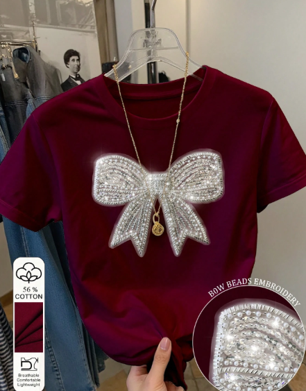Shein Bow Sequin Embroidery Fashionable Minimalist Round Neck Short Sleeve T-Shirt -.