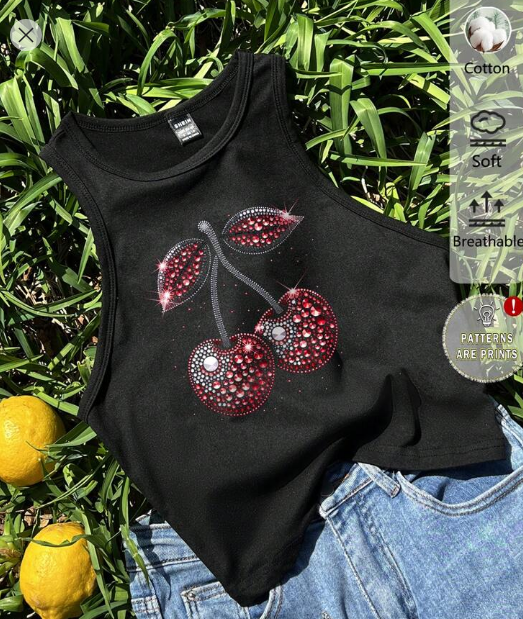 Shein Divinelle Casual Simple Cherry Pattern Round Neck Tight Fitted Sleeveless Top,L +