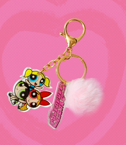 Shein The Powerpuff Girls, Cartoon Figure & Pompom Charm Keychain +