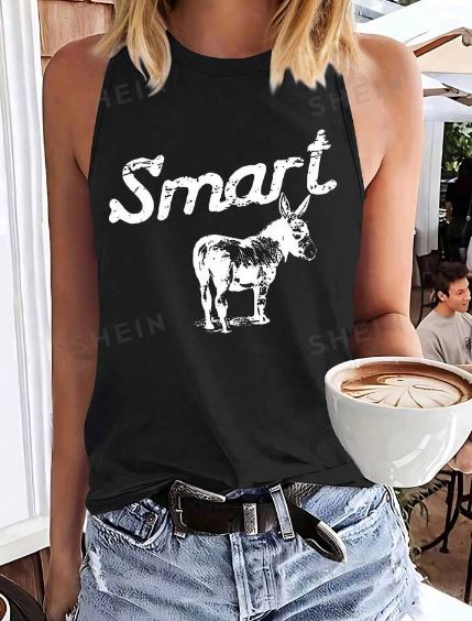 Shein Casual Round Neck Sleeveless Top With Letter & Donkey Print, S /