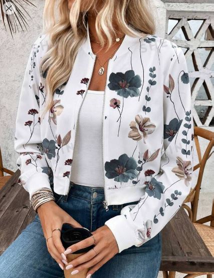 Shein Women Floral Print Zipper Summer Casual Short Jacket, M /