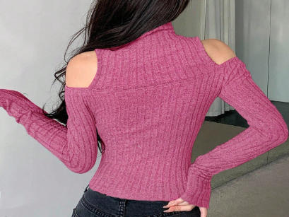 Shein Women's Slim Fit Brushed Off-Shoulder Long Sleeve Single-Breasted T-Shirt, L -.