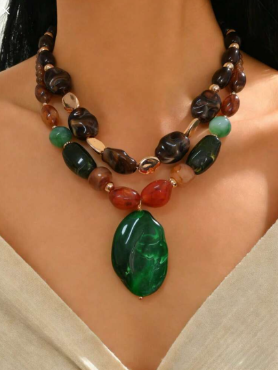 Shein 1pc Bohemian Green & Brown Resin DIY Handmade Beaded Necklace>