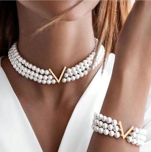 Shein Multi-Layered V-Shaped Faux Pearl Necklace & Bracelet Set */