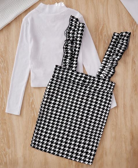 Shein Tween Girl Mock Neck Tee & Houndstooth Ruffle Trim Overall Dress, 9T +