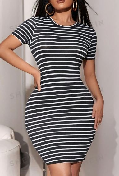 Shein SXY Striped Crew Neck Bodycon Dress, M /