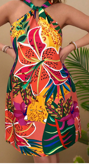 Shein Plus Size Boho Tropical Print Backless Halter Dress, XXL +