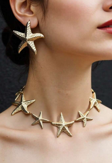 Shein 2pcs/Set Women Jewelry Set, Starfish Necklace And Earrings +
