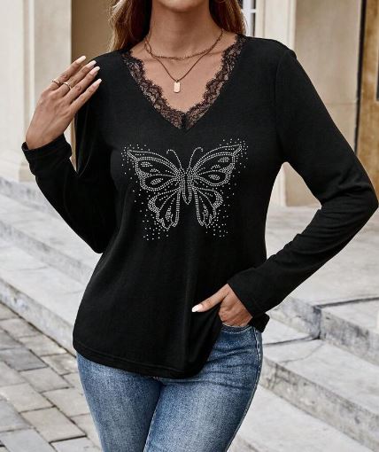 Shein V-Neck Lace Trim Long Sleeve Butterfly Print Stylish Fitted Blouse /