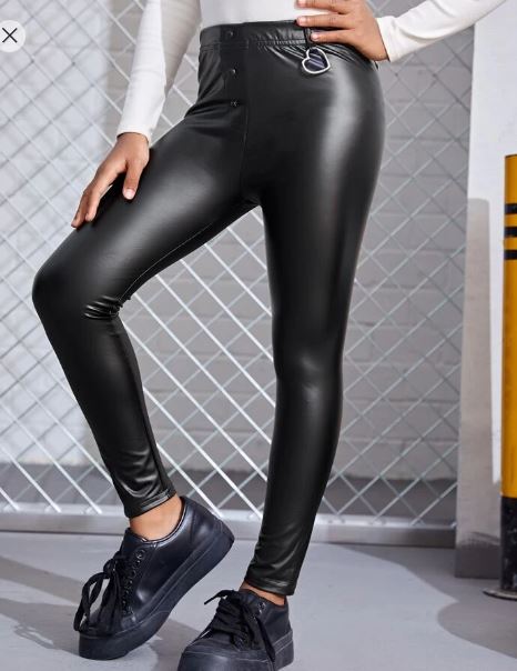 Shein Tween Girl Button Front Heart Ring Detail PU Leather Skinny Pants, 11-12T +