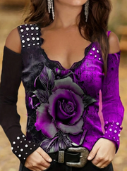 Shein New Lace Decorated V-Neck Print Open Shoulder Long Sleeve T-Shirt>