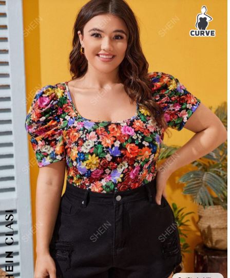 Shein Plus Allover Floral Print Puff Sleeve Blouse +