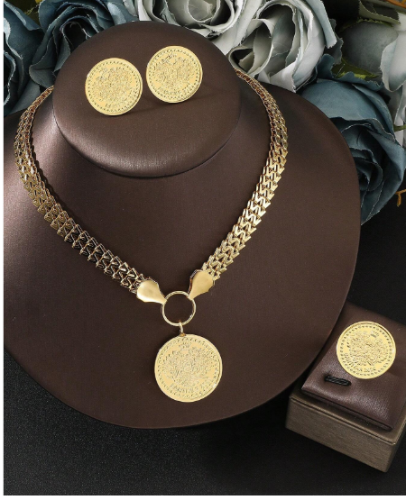Shein 4PCS/Set Arabian Hot Selling Gold Coin Glossy Pendant Jewelry Set +