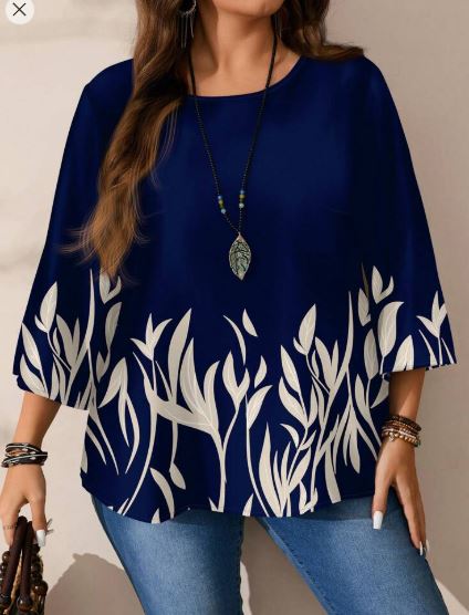 Shein Women Vintage Country Leaf Pattern Casual Full Print Round Neck 3/4 Sleeve Shirt +