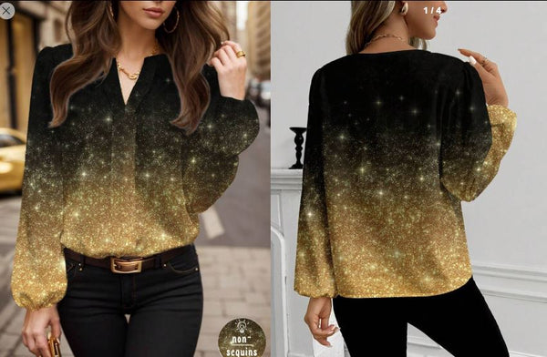 Shein Black & Gold Casual Minimalist Rhinestone & Sequin Decor Blouse, XL +