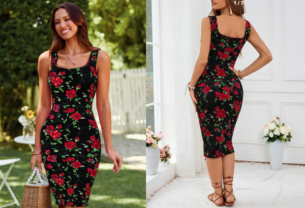 Shein Elegant Holiday Knitted Sexy Red Rose Printed Pattern Classic Sleeveless Dress, XL +