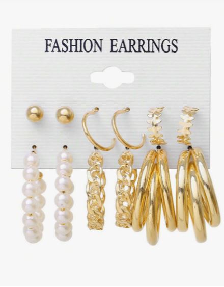 Shein 6 Pairs Of Water Drop C-Shaped Geometric Pearl Stud Earrings /