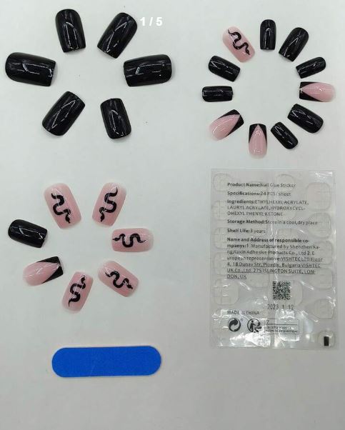 Shein 24pcs Black Color-Block And Snake Print Nail Art  +