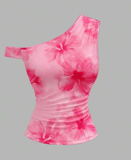 Shein Women Floral Print Asymmetric Ruffle Trim Fitted Tank Top, M +