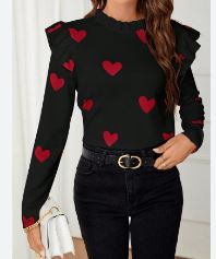 Shein Heart Print Ruffle Trim Tee Graphic T-Shirt, L /