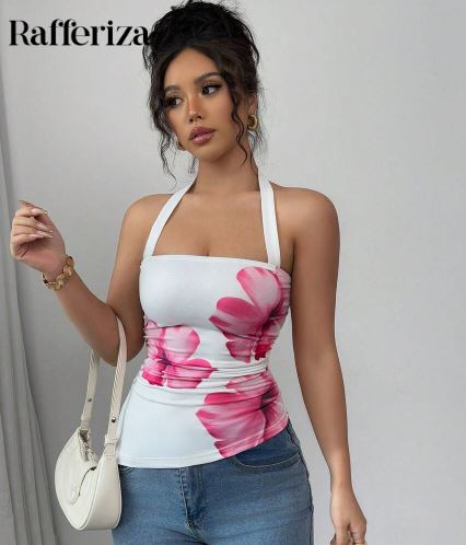 Shein Women Casual Floral Print Slim Fit Halter Neck Tank Top, L +