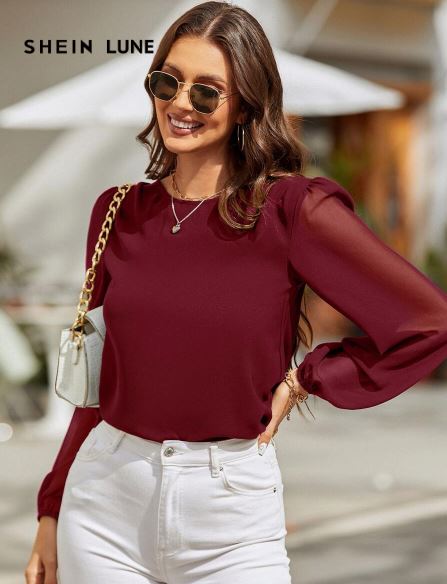 Shein Lantern Sleeve Keyhole Back Blouse, L +