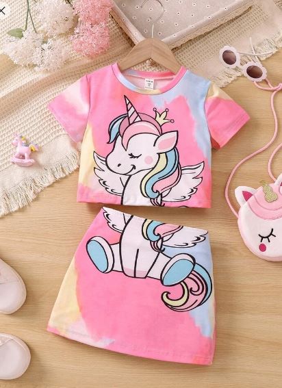 Shein Cartoon Cute Unicorn Print Round Neck Regular Sleeve 2pcs/set, 4T /