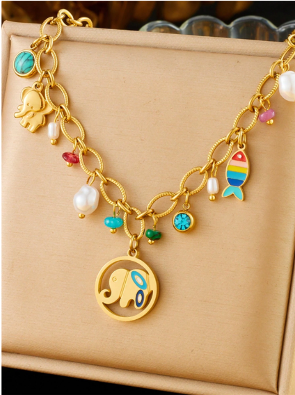Shein 1pc Colored Oil Drip Elephant & Fish Pearl Pendant Stainless Steel Chain Necklace Jewelry>