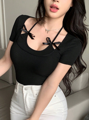 Shein Women Crew Neck Knitted 2 In 1 Short Sleeve T-Shirt >