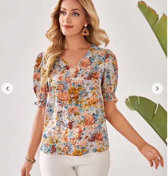 Shein Floral Print Puff Sleeve Blouse /