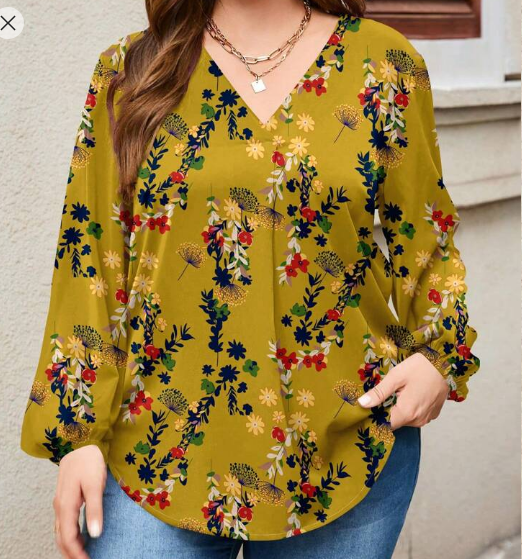 Shein Floral Print Plus Size Women V-Neck Long Sleeve Loose Blouse, 4XL +