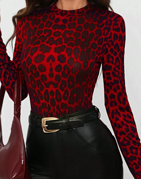 Shein Women Vintage Modern Leopard Print High Neck Slim Fit T-shirt +