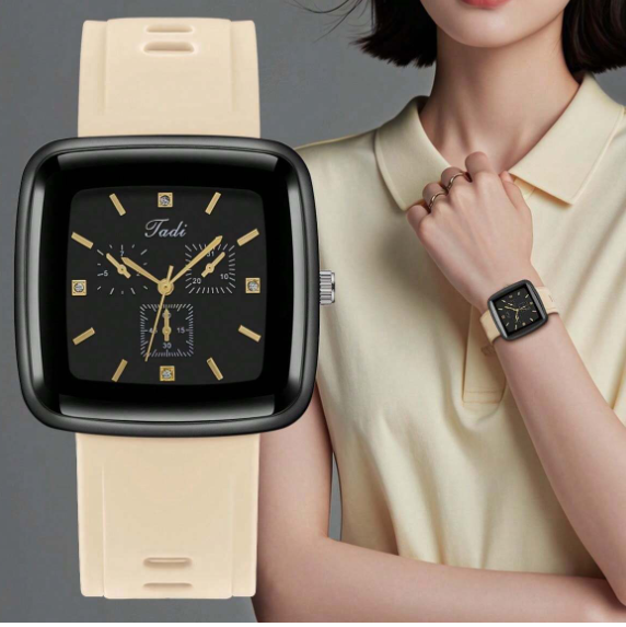 Shein 1pc Unisex Square Case Khaki Silicone Strap Quartz Wristwatch >