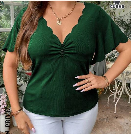 Shein Plus Scallop Trim Ruched Front Tee, 1XL +