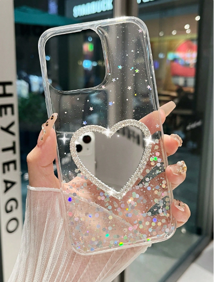 1pc Luxury Bling Rhinestone Heart Mirror Phone Case>