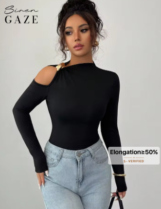 Shein Slim Long-Sleeved T-Shirt With Metal Button Decorated Hollow Off-Shoulder Top, XL>