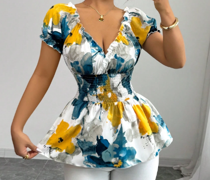 Shein V-Neck Ruffle Elastic Waist Slim Elegant Short Sleeve Shirt, L +