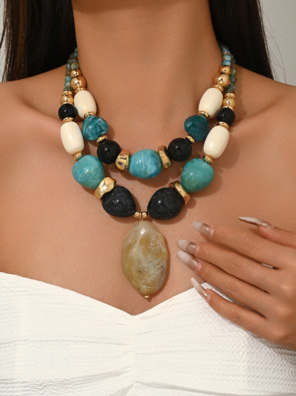 Shein 2pcs Fashionable Elegant Bohemian Multicolor Resin DIY Handmade Beaded Necklace>
