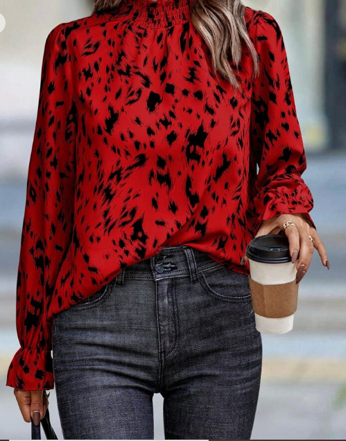 Shein Ruffle Collar Long Sleeve Random All-Over Print Shirt, XL +