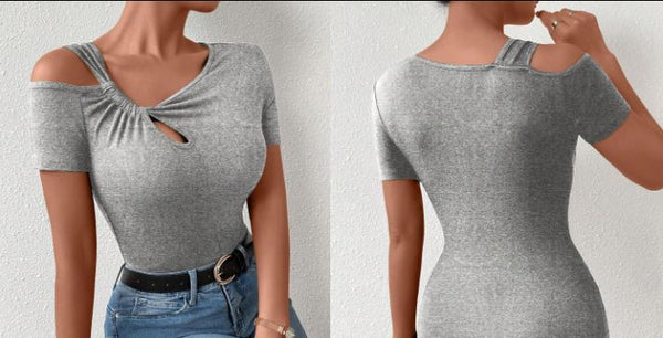 Shein Casual Slim Fit Short Sleeve T-Shirt With Asymmetric Neckline +