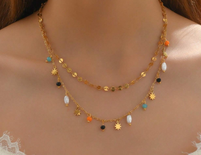 Shein 1pc Fashionable Dual-Layer Stainless Steel Chain Necklace>