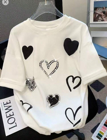 Shein Women's Heart Print Rhinestone Decor Round Neck Short Sleeve T-Shirt, S +