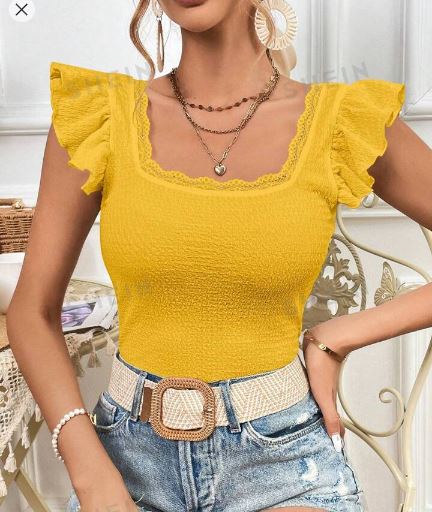 Shein Lace Trim Square Neck Tee /