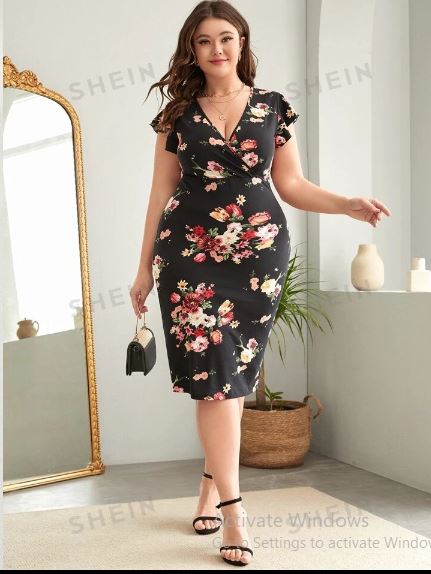 Shein Floral Print Surplice Neck Butterfly Sleeve Bodycon Dress, 1XL /